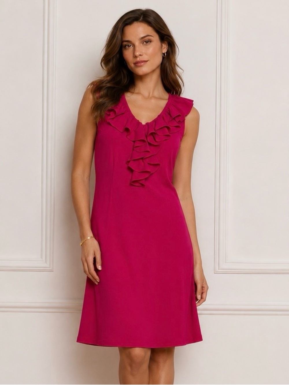 Ralph Lauren Sleeveless Ruffle V-Neck Midi Dress in Fuchsia Pink | Size S/P